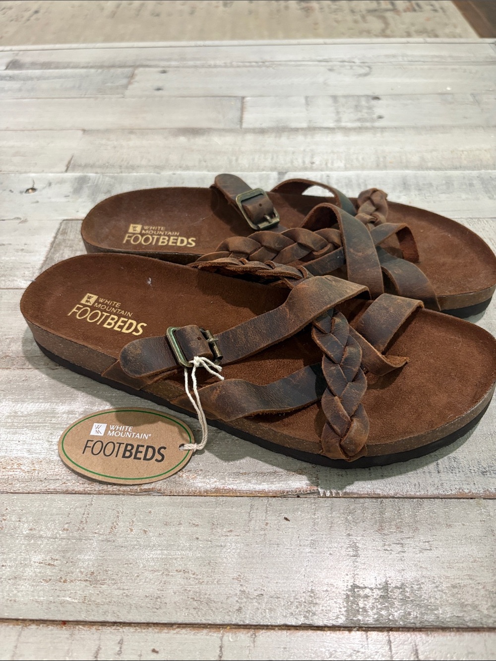 White Mountain Brown Braided Leather Footbed Slide Sandals